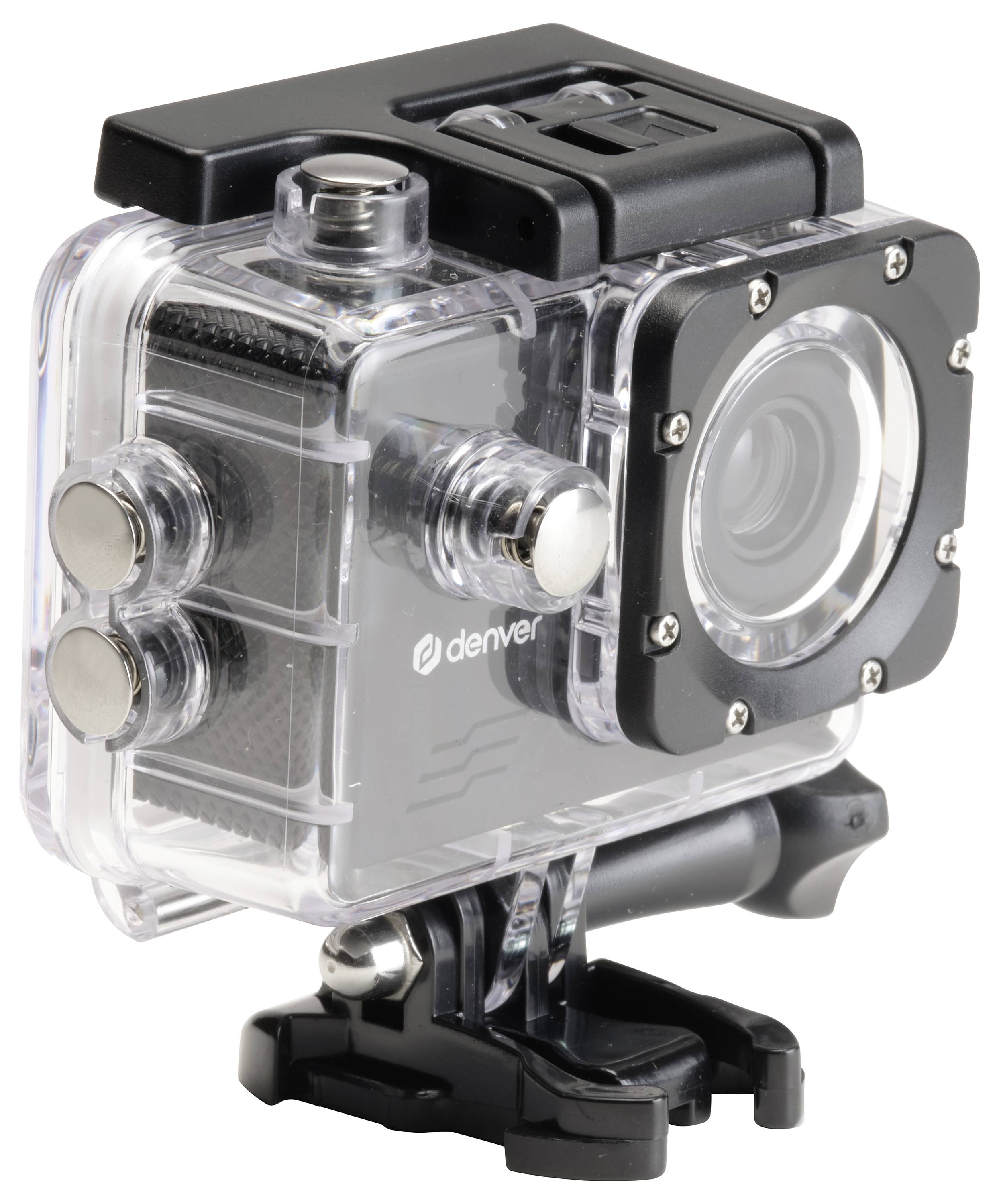 A waterproof action camera in a protective casing, suitable for recording during outdoor activities.