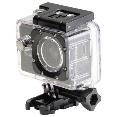 A waterproof action camera in a transparent protective case with black and silver details and mounting screw.