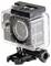 A waterproof action camera in a transparent protective case with black and silver details and mounting screw.