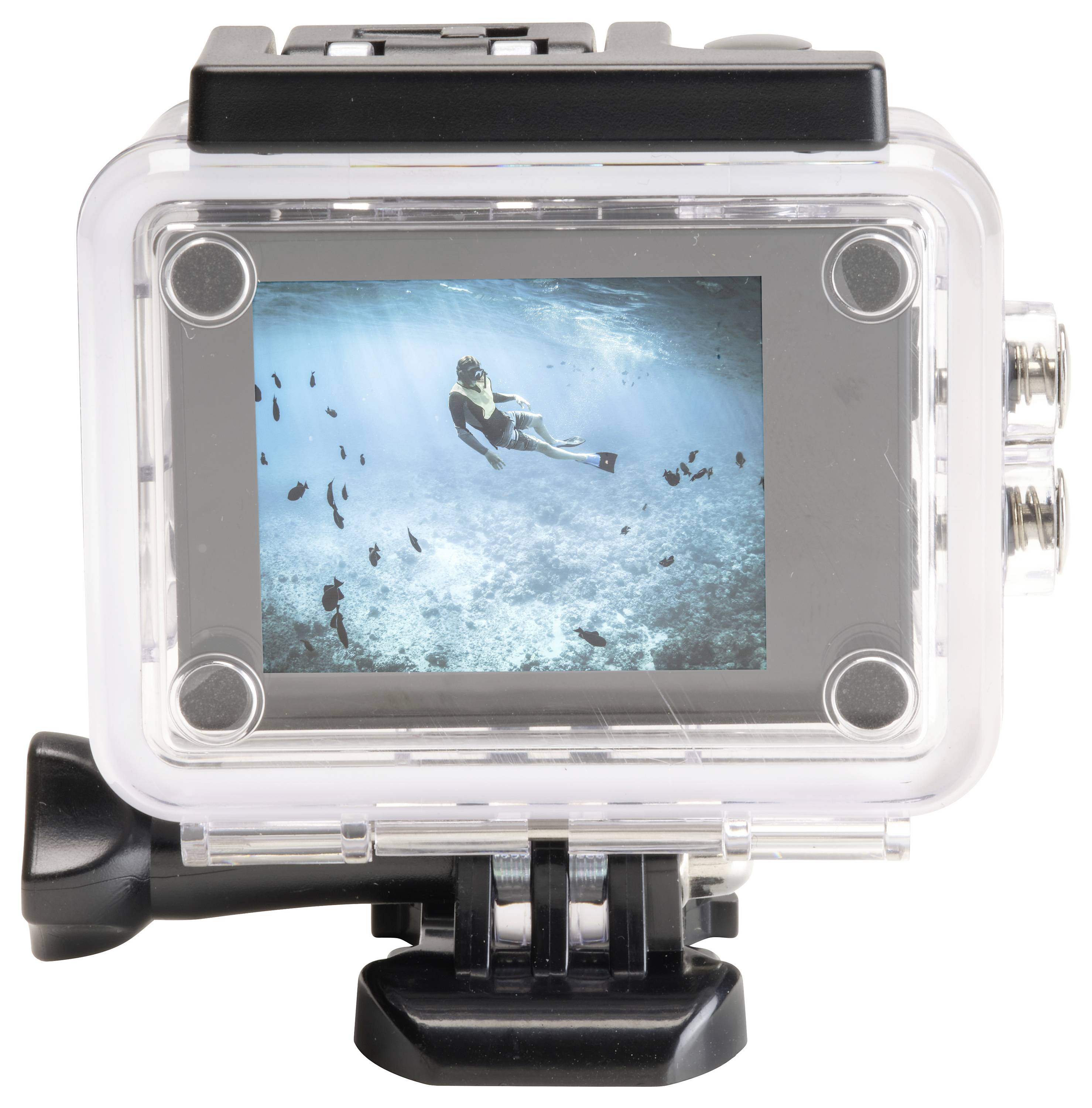 Underwater shot of a swimmer surrounded by fish, displayed on the screen of a waterproof camera in a transparent housing.