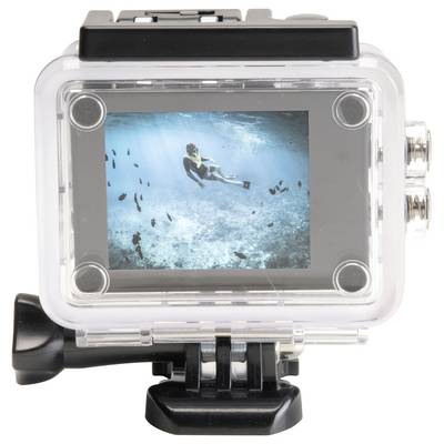 Underwater shot of a swimmer surrounded by fish, displayed on the screen of a waterproof camera in a transparent housing.