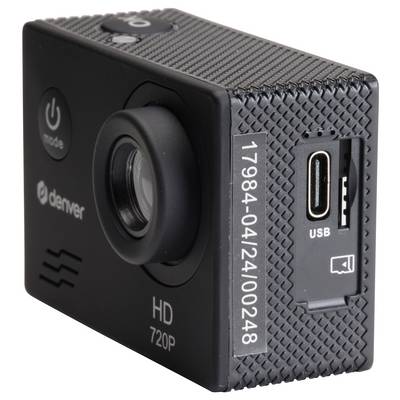 Black HD 720P action camera with USB port and serial number on the side, suitable for high-resolution video recording.