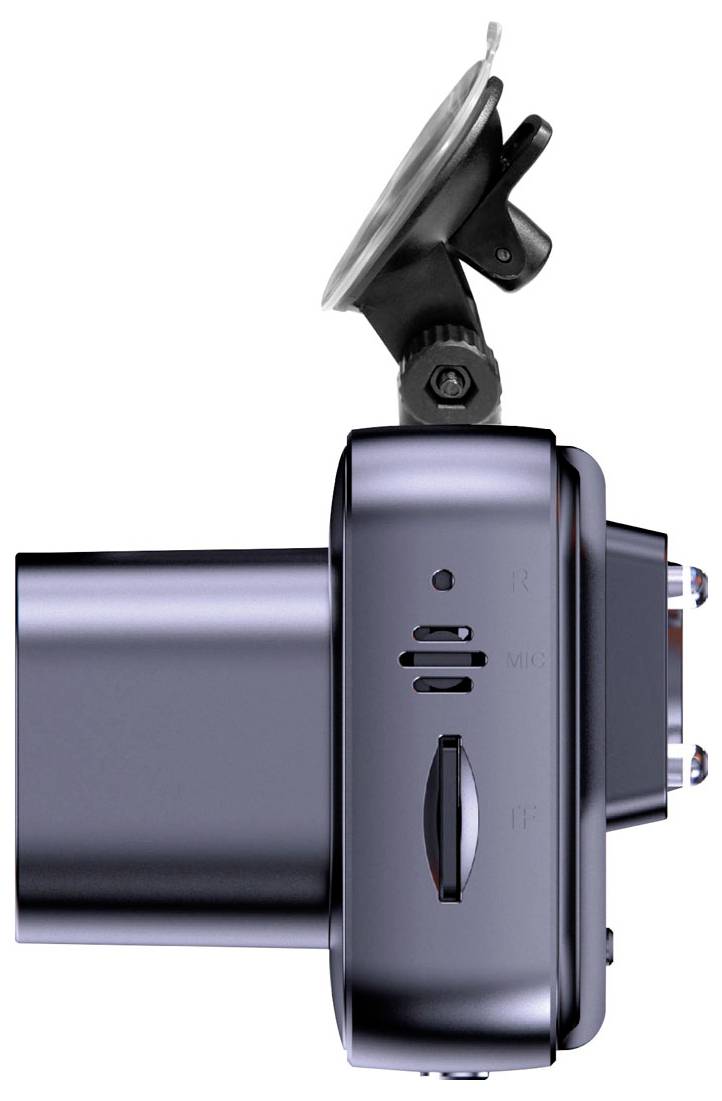 Digital camera from the side with a suction cup mount on top; shows buttons and connections for power and microphone.