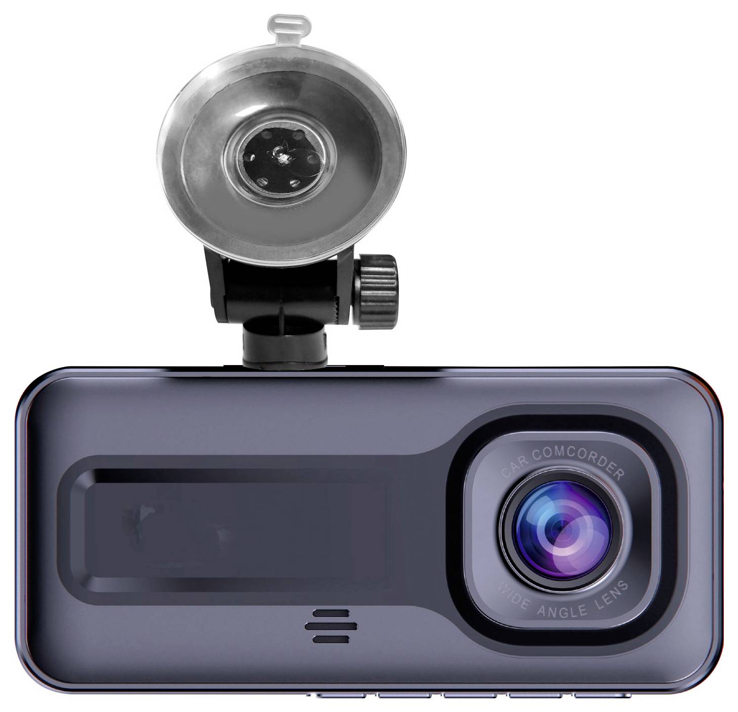 A dashboard camera with a wide-angle lens and suction cup mount, designed to be attached to a windscreen.