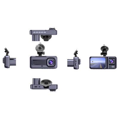 Front and rear view of a dashcam with a built-in screen. Various perspectives show the buttons, lens, and mounting of the camera.
