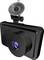 Black dashcam with visible lens and suction cup mount, designed for installation on a car windscreen.