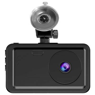 Black dashcam with lens and suction cup mount for use in vehicles to record video during driving.