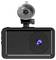 Black dashcam with lens and suction cup mount for use in vehicles to record video during driving.