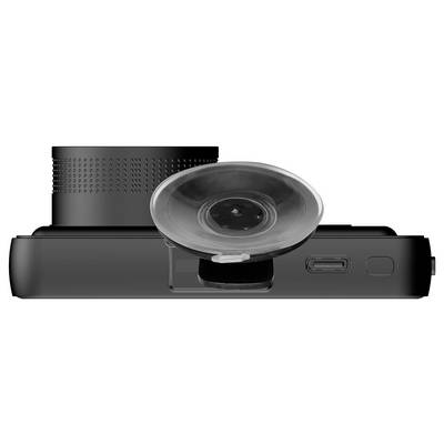 A dashboard camera viewed from the side, with suction cup mount and USB connection on the right.
