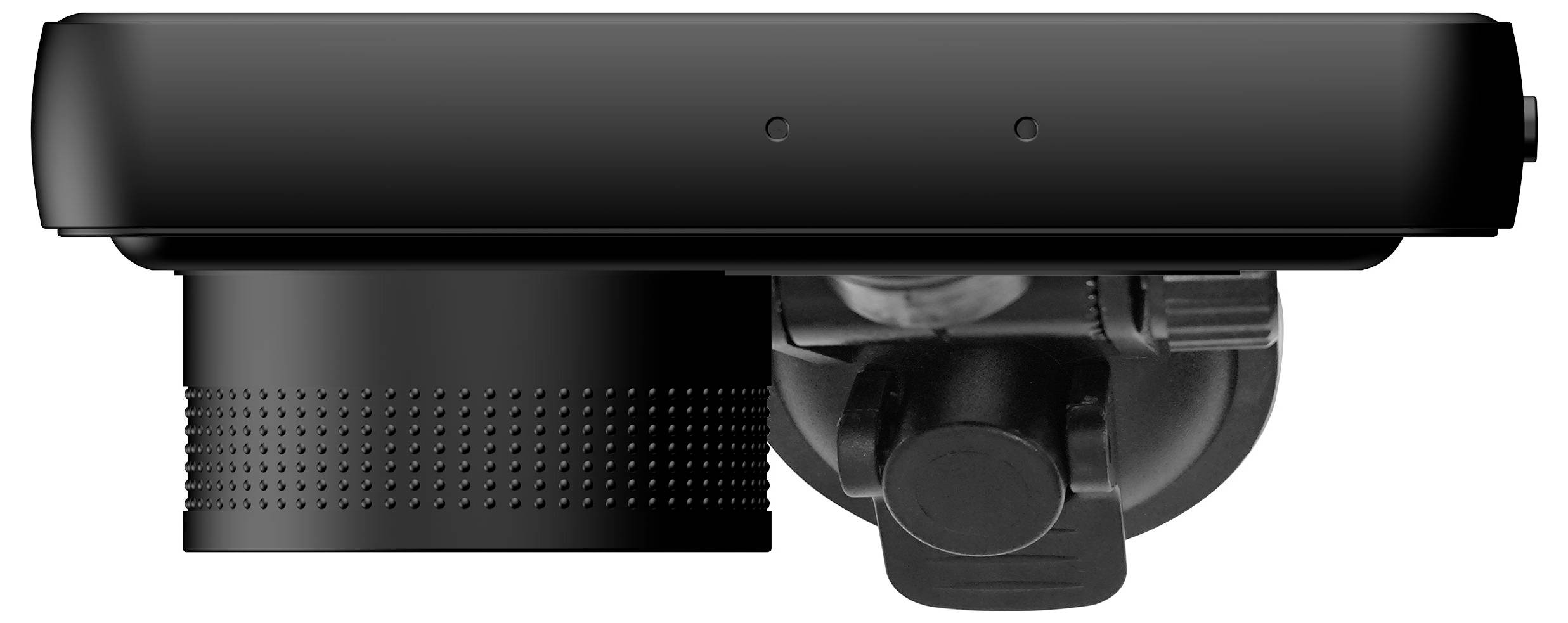 Dashcam viewed from below, black in colour, with a prominent lens; mounted on a vehicle mounting bracket.