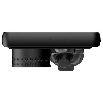 Dashcam viewed from below, black in colour, with a prominent lens; mounted on a vehicle mounting bracket.