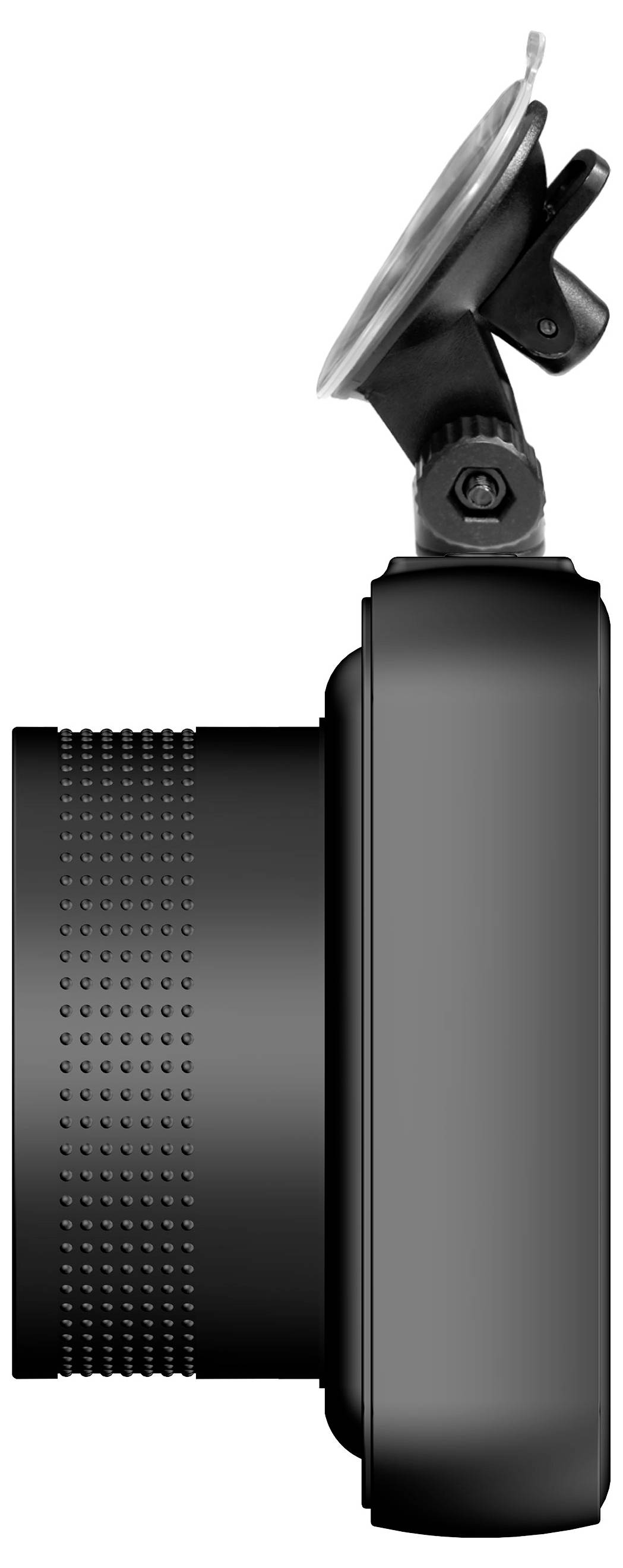 Digital camera viewed from the side with a suction cup mount on top.