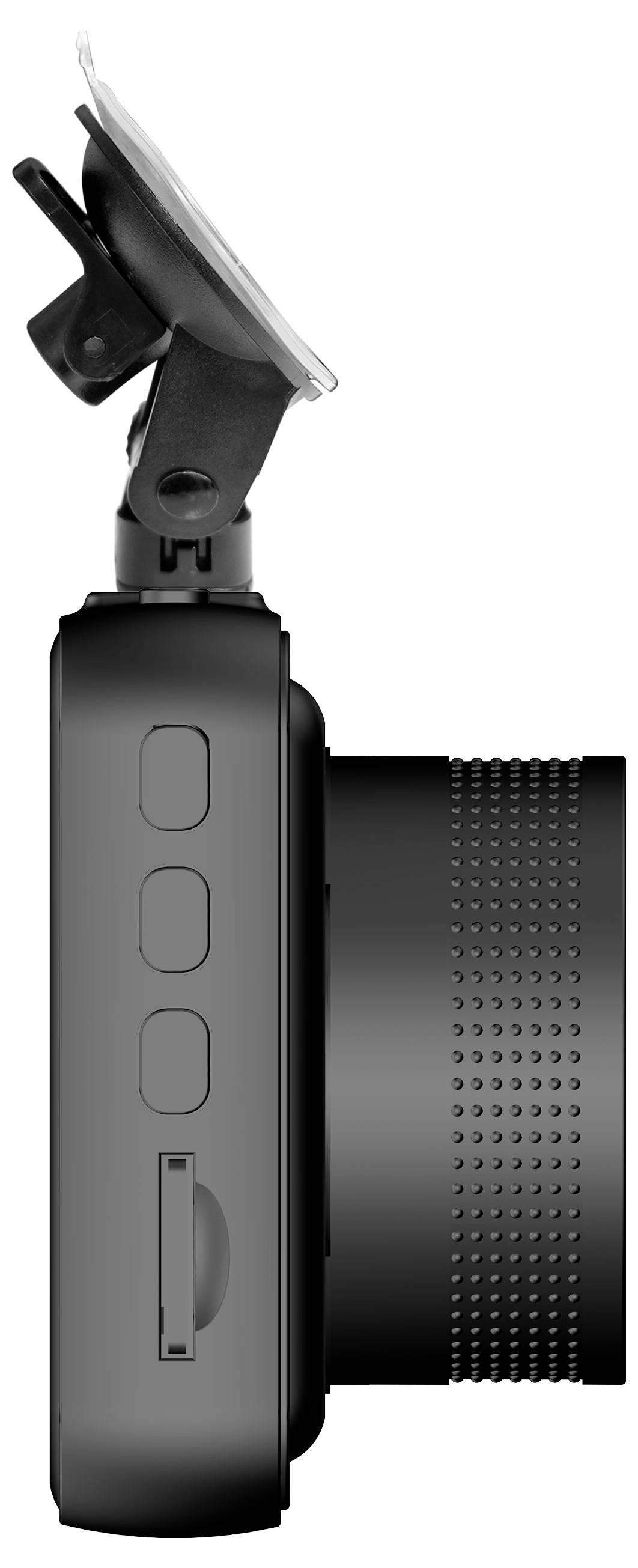 Side view of a black camera with a lens and a mounting bracket on top.