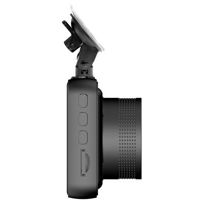 Side view of a black camera with a lens and a mounting bracket on top.