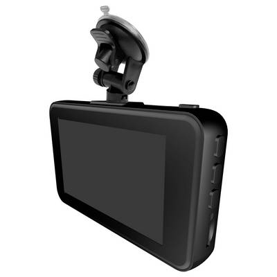 Black camera with a suction cup, presumably for a car windscreen, shows screen and controls on the side.