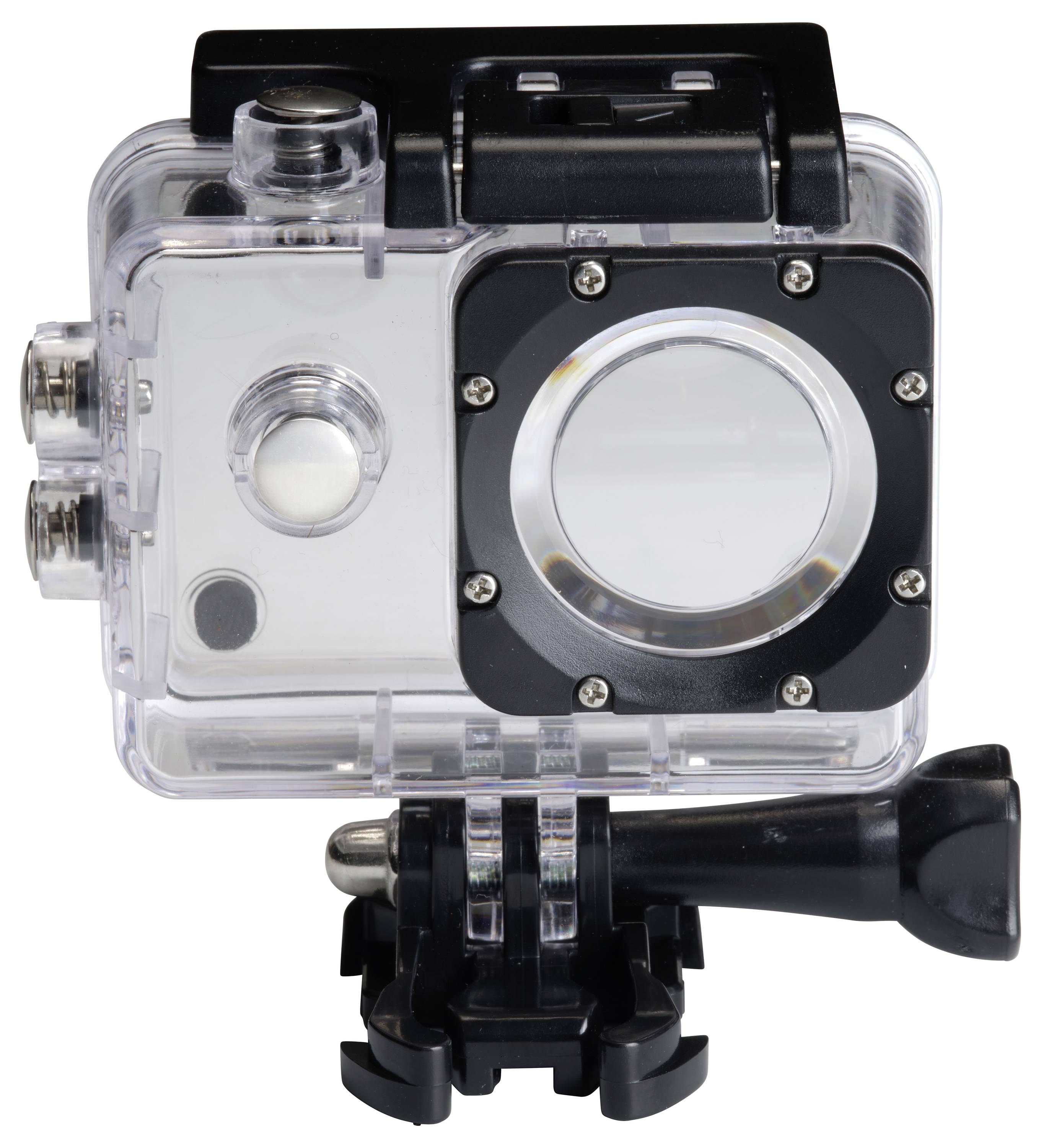 A waterproof action camera in a transparent casing, perfect for capturing footage underwater or in challenging conditions.