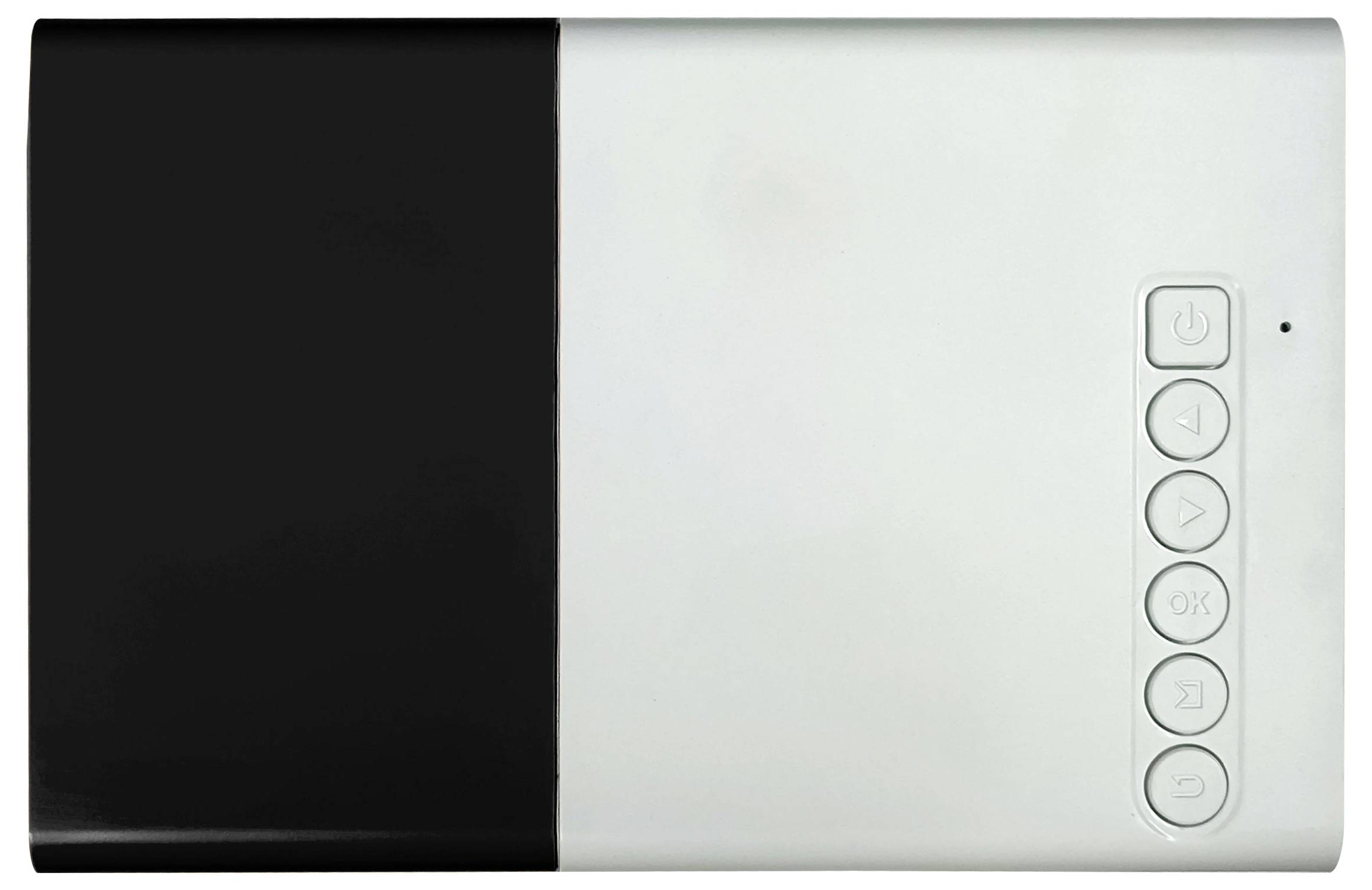 A rectangular electronic device with a white casing and a black area on the left, with control buttons beside it.