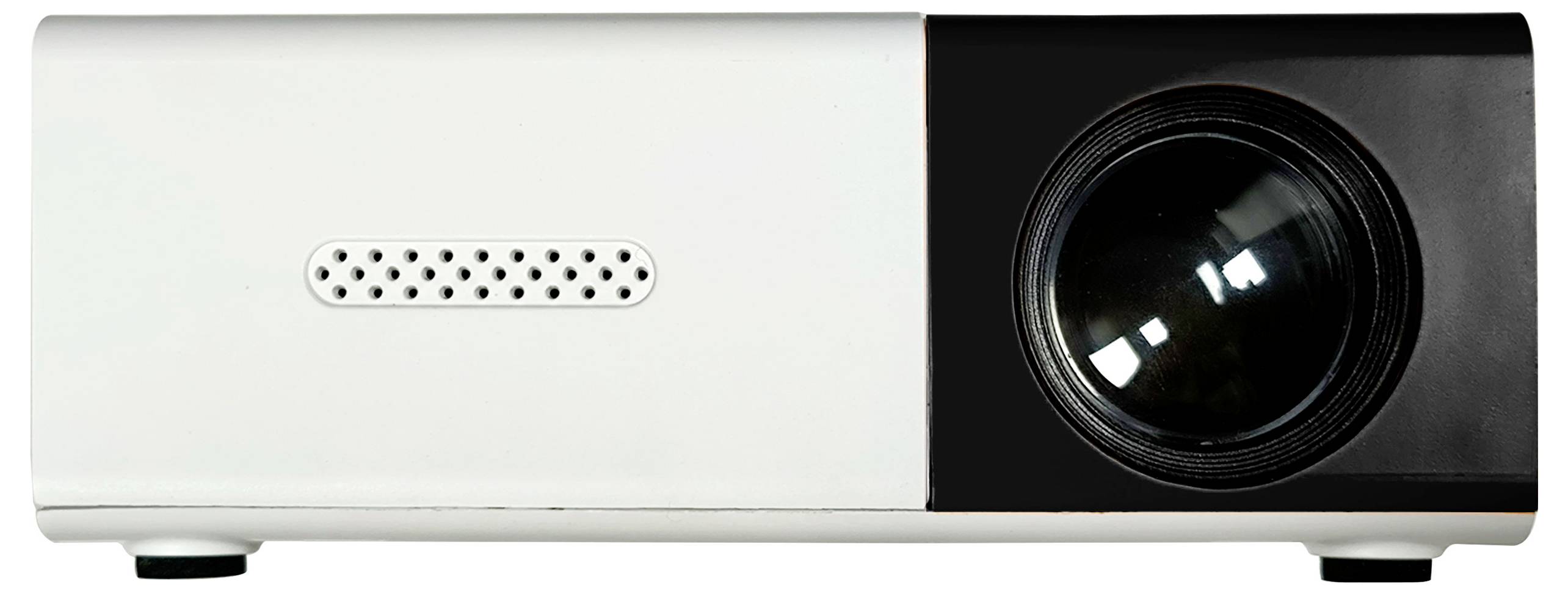 A digital projector with a white casing and black lens. The device is suitable for indoor projections.