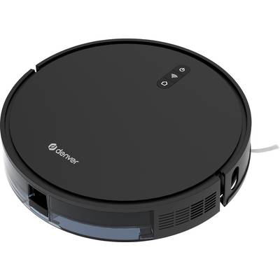 A black robotic vacuum cleaner with a glossy surface and the 'denver' logo. Several control buttons are located on the top.