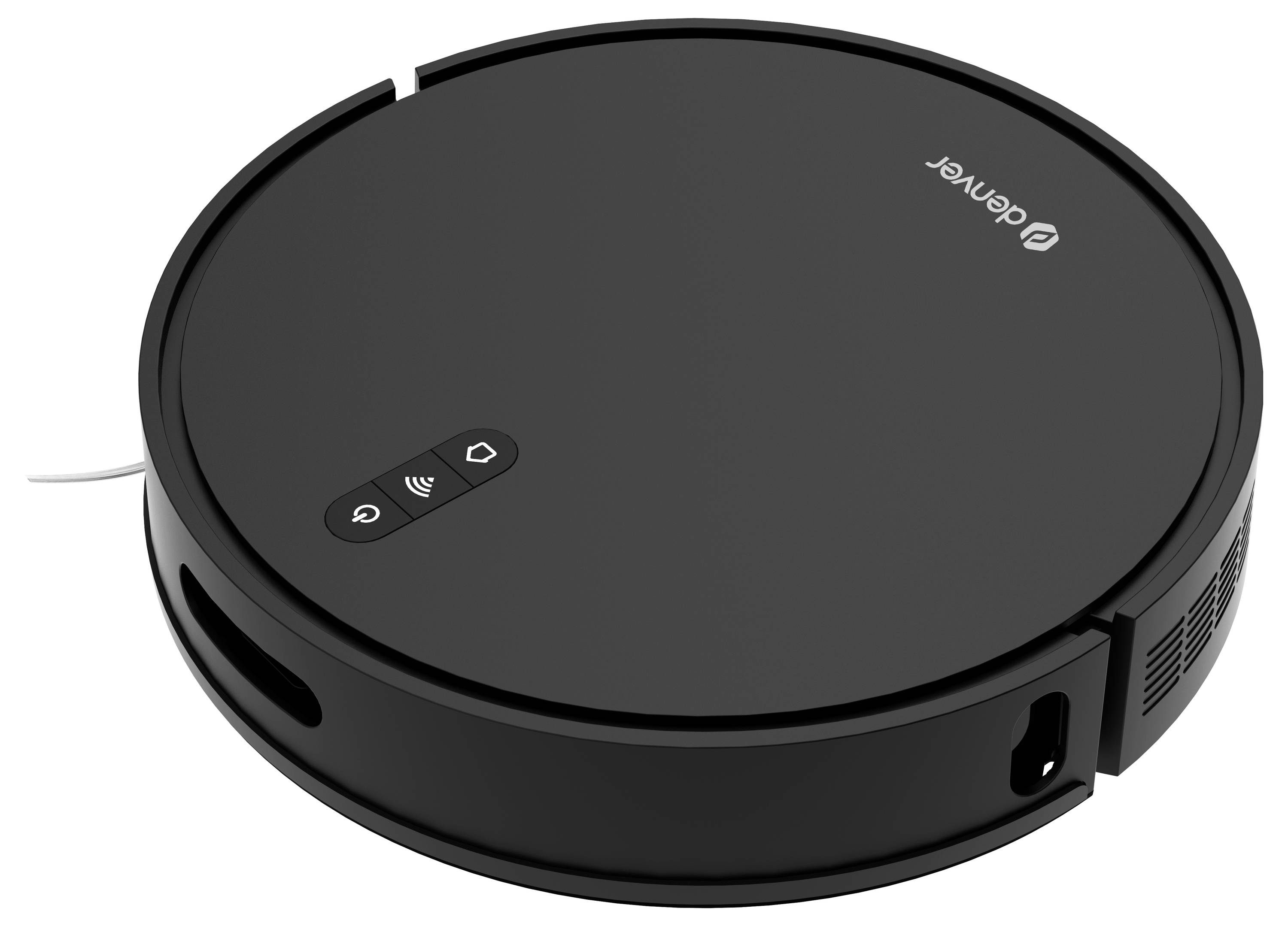 A round, black robotic vacuum cleaner with control buttons on the top surface, brand logo visible.