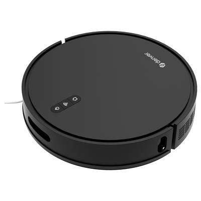 A round, black robotic vacuum cleaner with control buttons on the top surface, brand logo visible.