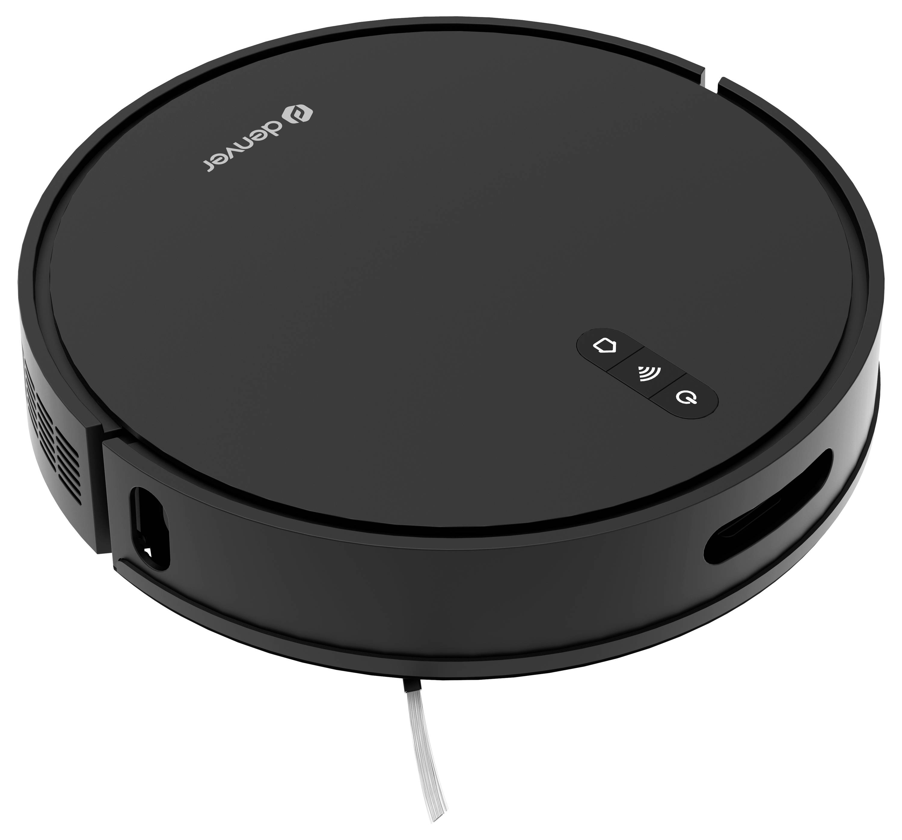 A round, black robot vacuum cleaner with control buttons on its top surface, pictured against a white background.