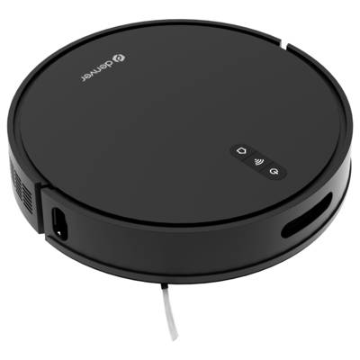 A round, black robot vacuum cleaner with control buttons on its top surface, pictured against a white background.