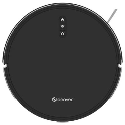 Black round robotic vacuum cleaner with buttons and LED display on top. 'Denver' brand logo visible.