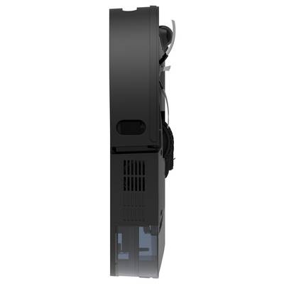 Side view of a black computer graphics cooler with fans and heat sinks. Pipes run to the top of the casing.