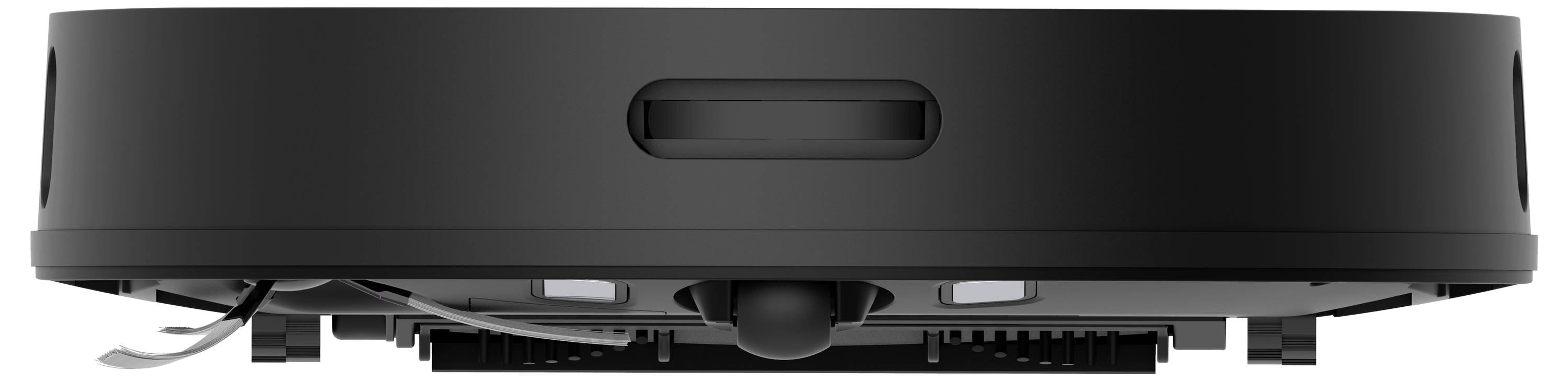 A black robot vacuum cleaner viewed from the side, with visible sensors and brushes.