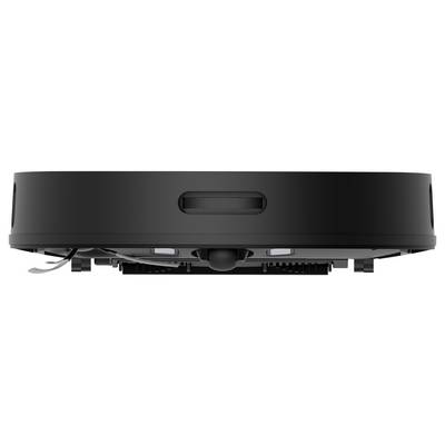 A black robot vacuum cleaner viewed from the side, with visible sensors and brushes.