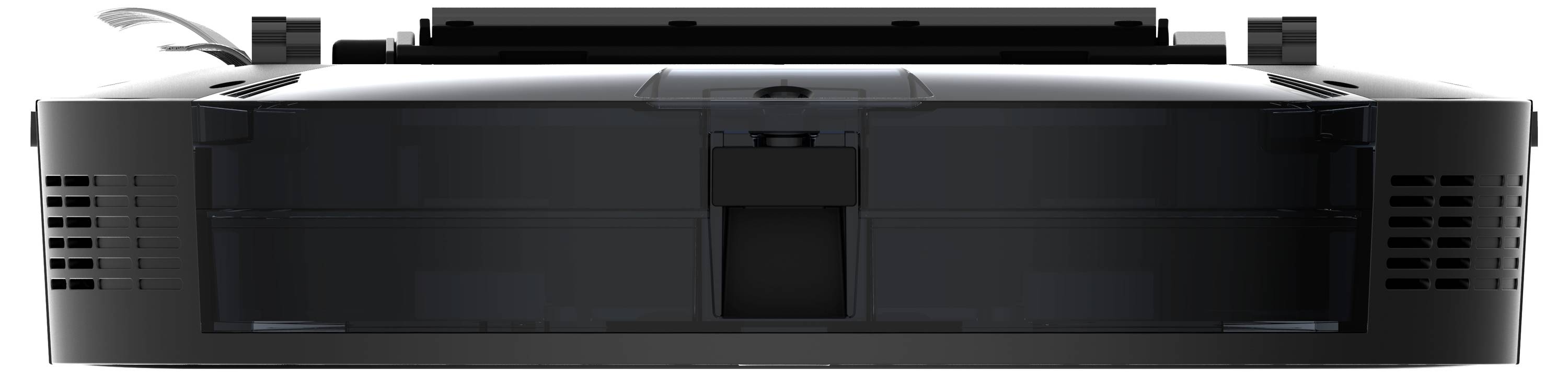Black and grey robotic vacuum cleaner viewed from the front, showing a flat, rectangular shape with side ventilation slots.