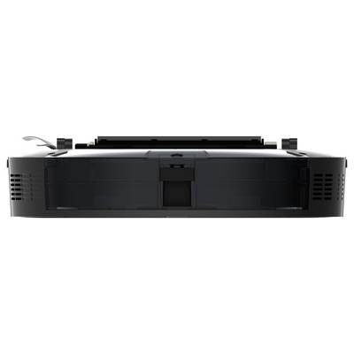 Black and grey robotic vacuum cleaner viewed from the front, showing a flat, rectangular shape with side ventilation slots.