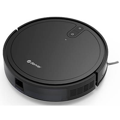 A black robot hoover on a white background. The robot has a simple, round design with a control panel on its top surface.