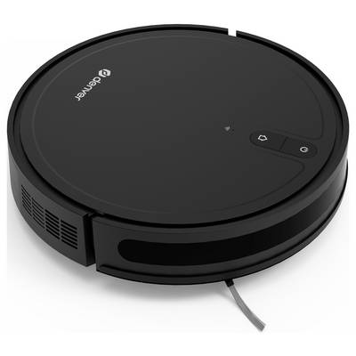 A black robotic vacuum cleaner with a round shape and control buttons on the top surface.
