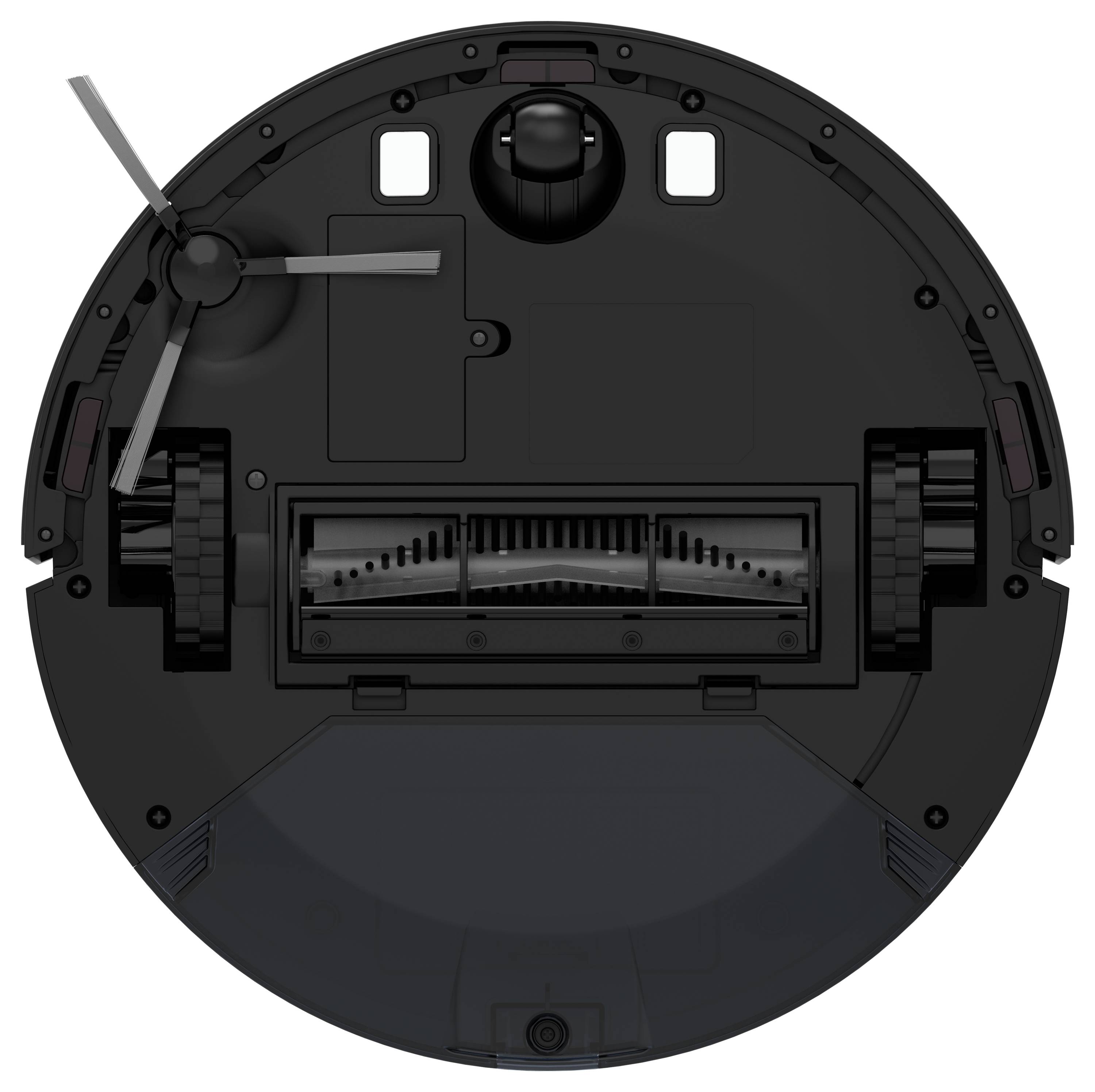 The underside of a round robotic vacuum cleaner with brushes, wheels, and sensors. Ideal for cleaning floors in homes.