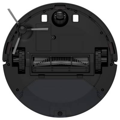 The underside of a round robotic vacuum cleaner with brushes, wheels, and sensors. Ideal for cleaning floors in homes.