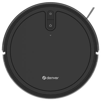 A round, black robotic vacuum cleaner with the 'denver' logo in the centre. Two control buttons are located on the top.