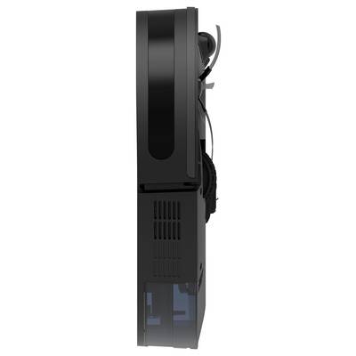 Side view of a black, slender device with ventilation slots and cables. Construction suggests a technical or electrical function.