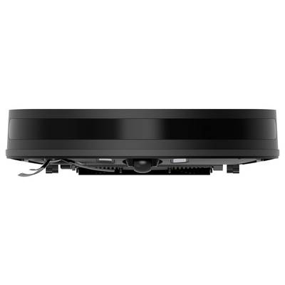 A black round robotic vacuum cleaner viewed from the side, with rotating brushes underneath, on a white background.