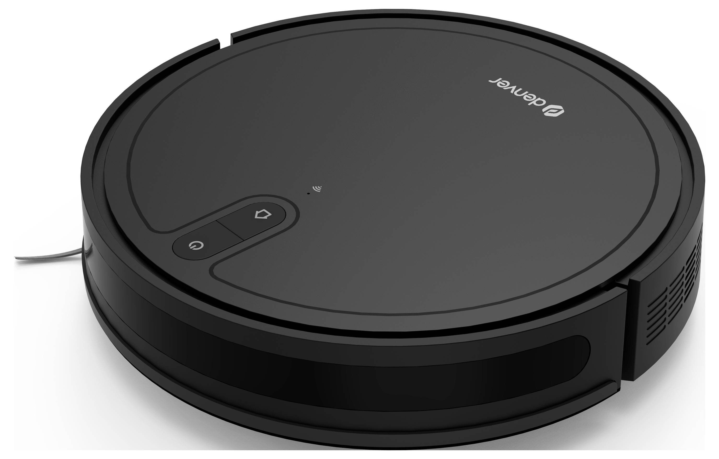 A black, round robotic vacuum cleaner with control buttons on the top surface and an electrical connection on the side.