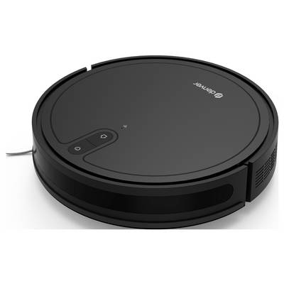 A black, round robotic vacuum cleaner with control buttons on the top surface and an electrical connection on the side.