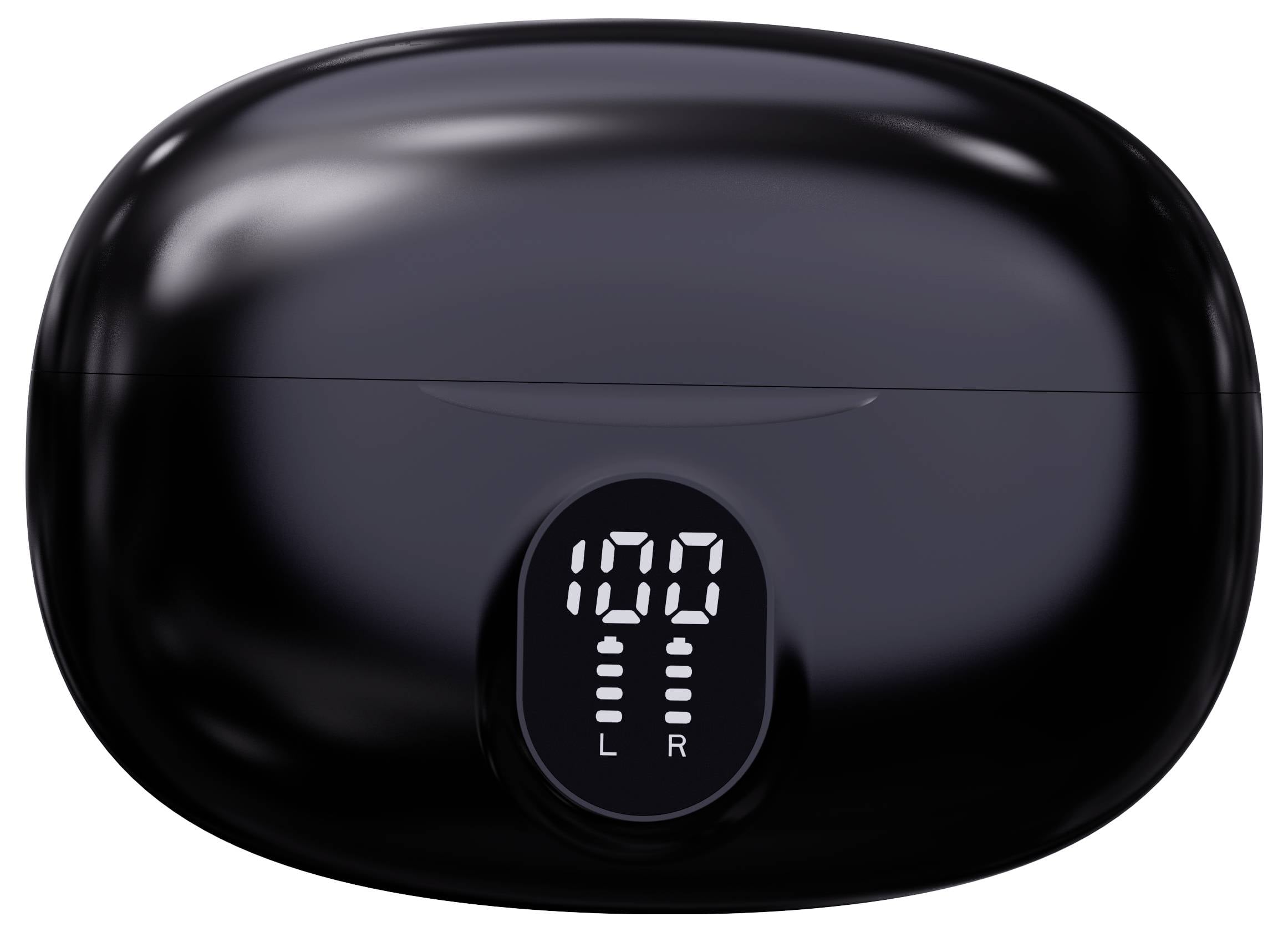 Black, oval charging case with digital display. Shows '100' in the centre, with 'L R' below for left and right earbuds.