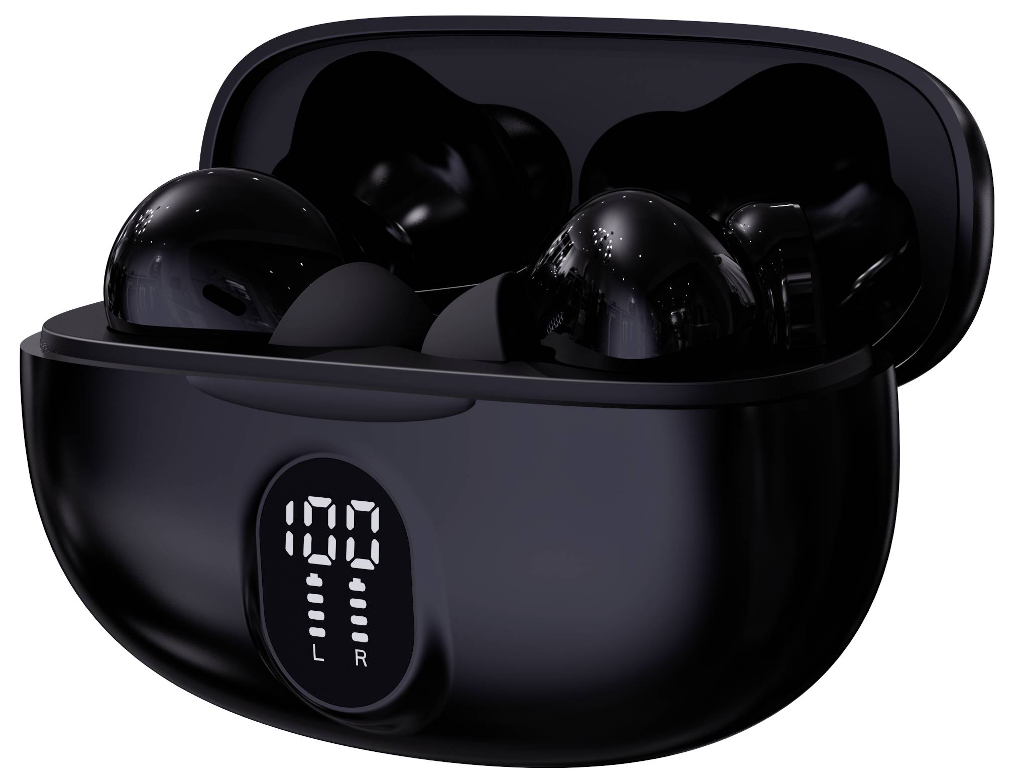 Black wireless earbuds in a charging case, with a digital display on the front.