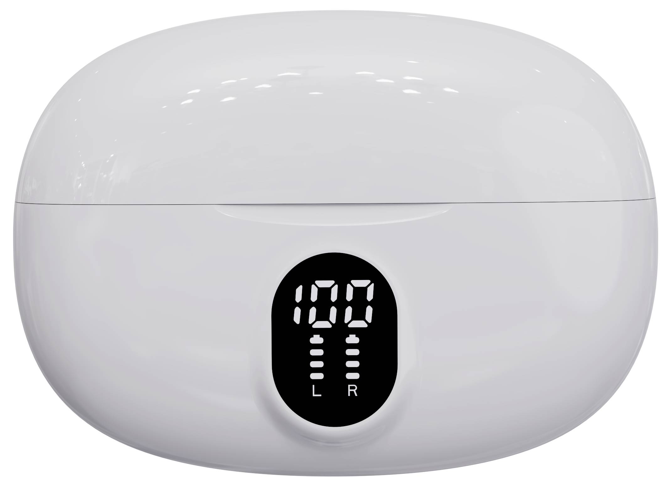 A wireless headphone charging case with a digital display on the front, showing '100 L R' to indicate the battery level.