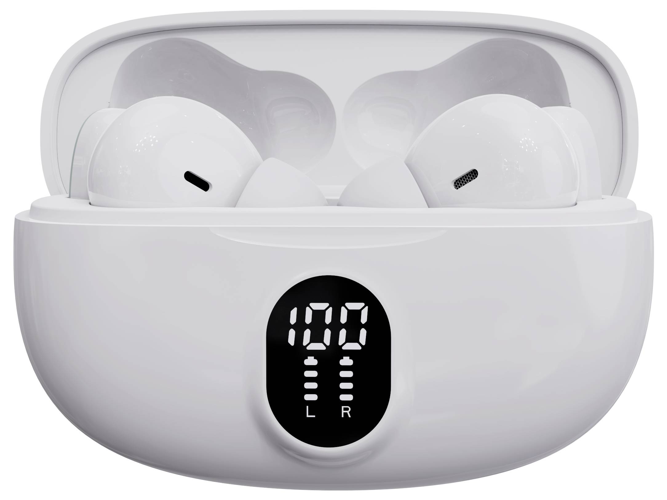 White wireless earbuds in an open charging case with a digital display showing the battery percentage.