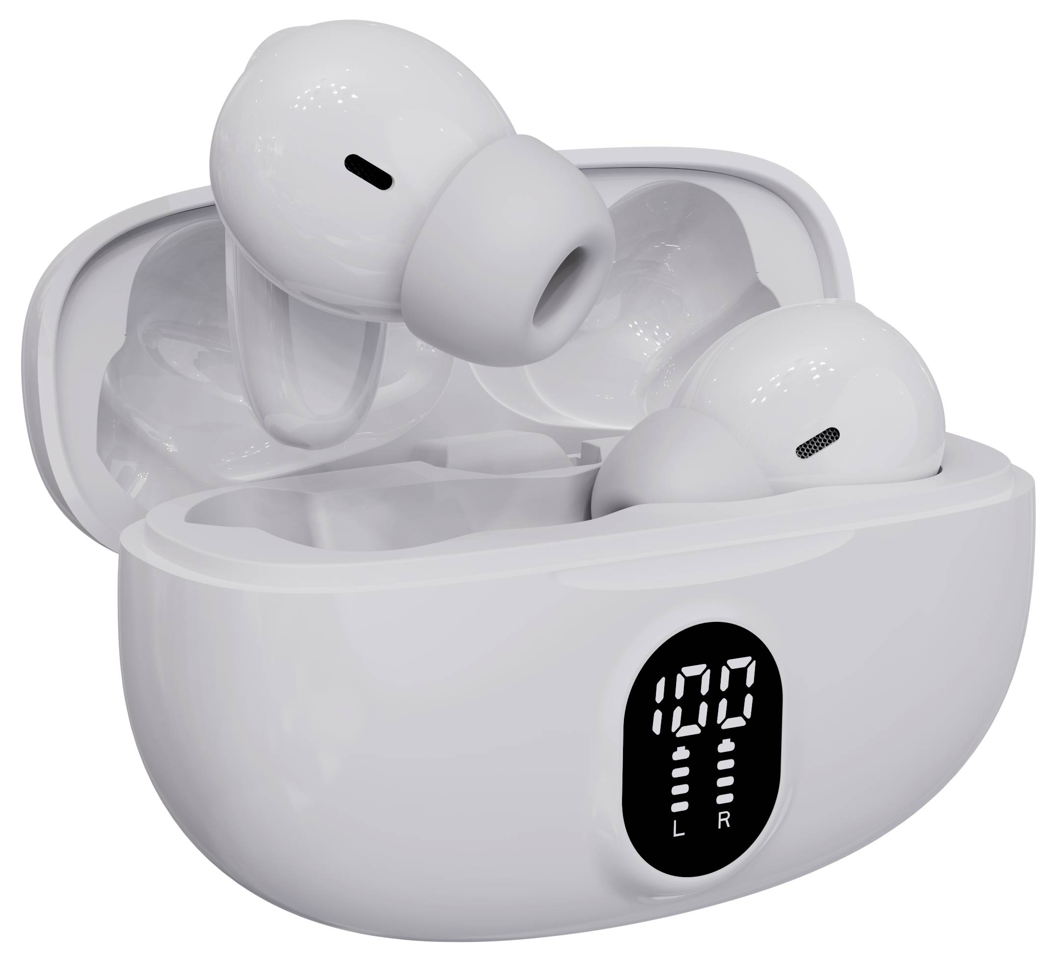 White wireless earbuds in a charging case with a digital battery capacity display.