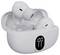 White wireless earbuds in a charging case with a digital battery capacity display.