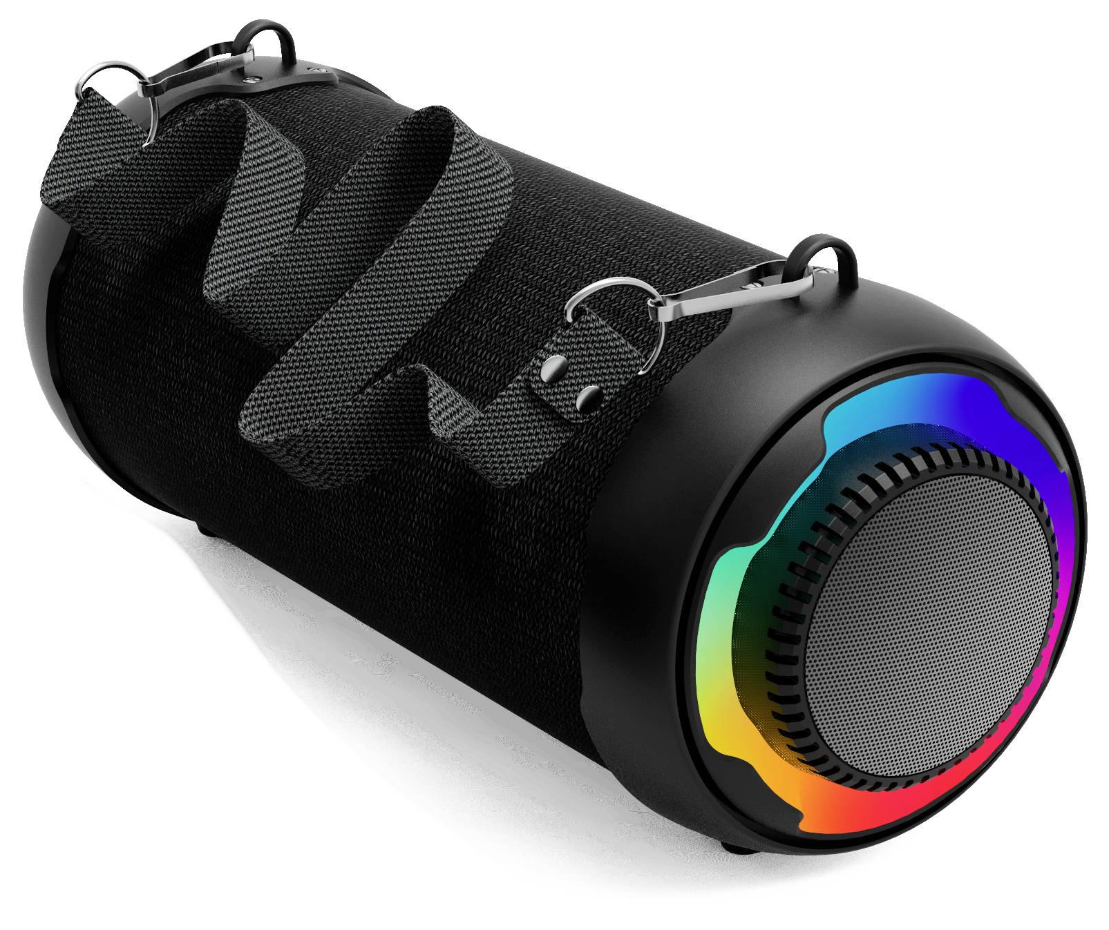Portable Bluetooth speaker with a cylindrical design and illuminated LED light ring, including a shoulder strap for easy transportation.