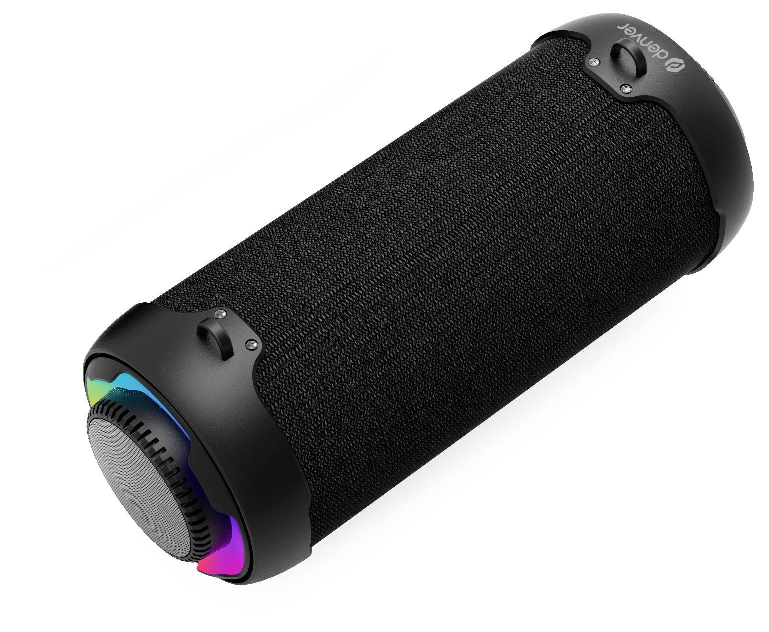 Black portable speaker with a cylindrical shape, featuring colourful lighting effects at one end.